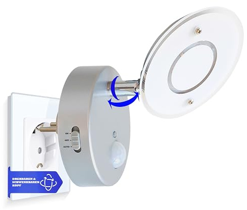 Trango 2636-014 LED Sensor Nachtlicht *NITE* in Silber mit Automatikfunktion direkt 230V mit Bewegungssensor I Sicherheitslicht I Steckdose Lampe I Wandlampe I Orientierungslicht I Kinder Nachtlampe