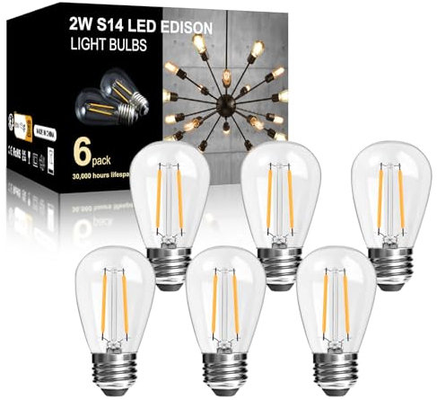 LangPlus+ 6 Pack 2W S14 LED Plastic Light Bulbs, E27 Base 2700K Warm White Shatterproof LED Edison Light Bulbs for Outdoor String Lights, Non- Dimmable 2W Equivalent to 20W Incandescent Bulb