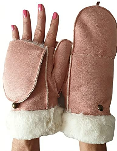 AXELENS Damen Winterhandschuhe Elegant aus Wildlederimitat – Warme Öffnende Fäustlinge mit Fleecefutter und Kunstpelz-Bündchen – Größe S/M