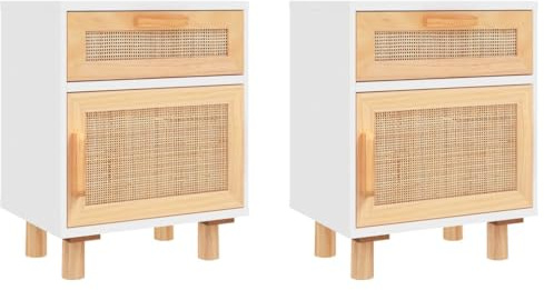 vidaXL 2X Nachttisch 1 Schublade 1 Fach Nachtschrank Nachtkonsole Nachtkommode Schlafzimmer Schrank Kommode Weiß Massivholz Kiefer Natur-Rattan