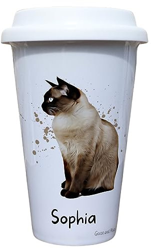 Siamese Cat Travel Mug Personalised - Gift for Cat Owners & Lover - Personalised Kitten Thermal Ceramic Insulated Travel Mug