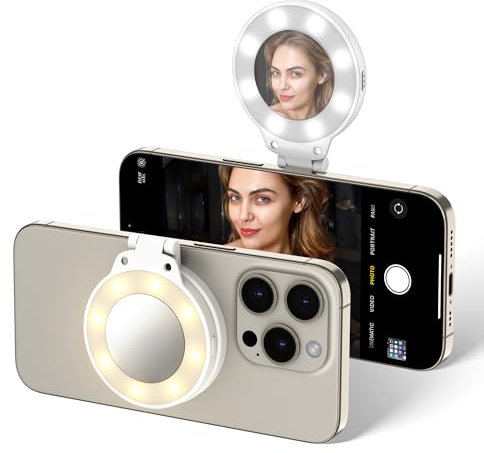 JJC Magnetic Phone Selfie Ring Light, Rechargeable Cell Phone Light with 3 Light Modes/3 Brightness Levels, 180 Flip & Built-in Mirror Design Phone Fill Light for Vlog Live Streaming