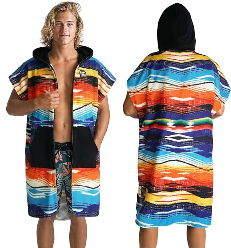 Pilotfish Surf Poncho Changing Robe Towel - Hooded, Zippered Towel Poncho for Beach, Surfing, Swimming | 2 Front Pockets, Machine Washable, (Serape, Large)