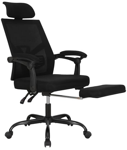 UEV Kontorsstol ergonomisk, snurrstol, skrivbordsstol med justerbart nackstöd ländryggsstöd fotstöd, justerbar höjd lutbar, upp till 136 kg, ventilerande tyg, svart