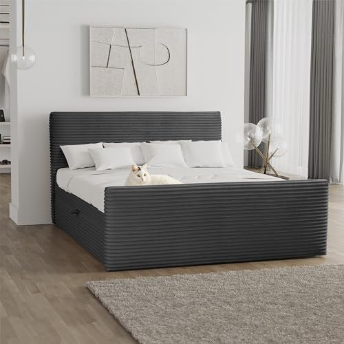 Kaiser Möbel - Bett 180x200 cm, Boxspringbett mit Bettkasten und Topper, Cord Schlafzimmerbett, Doppelbett mit Stauraum und Gepolstertes Kopfteil, Toppermatratze aus Viscoschaum - Trento - Graphite
