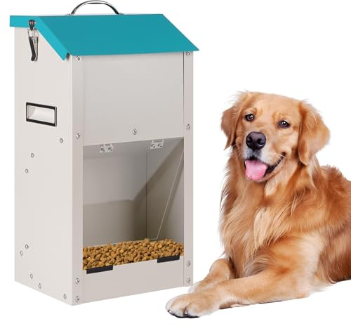 Automatic Dog Feeder Outdoor, Galvanized Dog Food Dispenser 7KG Pet Feeder Dog Feeding Station Hanging Dog Auto Feeder for Medium and Small Size Dogs, Cats