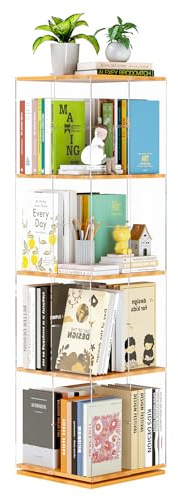 TAKEKIT Drehbares Bücherregal, 360° drehbares klarsichtiges Acryl & Massivholz Bücherregal für Kinderzimmer, Schlafzimmer und Wohnzimmer