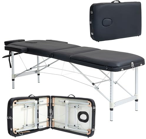 HOMCOM Lettino da Massaggio Pieghevole ad Altezza Regolabile, Lettino Professionale per Massaggi in Alluminio e Plastica, 215x60x61-84 cm, Nero