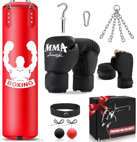 YORWHIN Saco de Boxeo Colgante, Equipo de Entrenamiento de Boxeo con Saco Boxeo Sin Relleno de 120cm, Pelota de Reflejos, Guantes de MMA, Muñequera, Set de Boxeo para Kárate Kickboxing Muay Thai