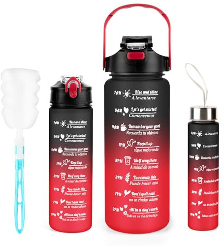 3 Pack Water Bottle BPA Free ,2L/800ML/300ML Sport Water Bottles with Straw & Brush,Motivational Time Markings, Leak-Proof, 2 Liters Gym Drinks Bottle for Adults Women, Running,Cycling -Black Red