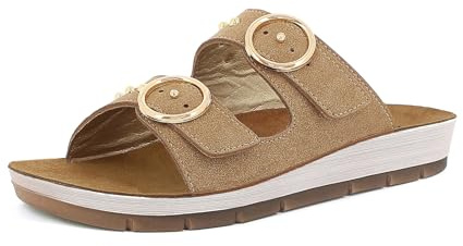 inblu Femme Ciabatte Donna Con Doppia Fibbia Dorata E Piccole Borchie, Plantare in Vera Pelle Imbottito Sandale Glissante, Sable, 36 EU
