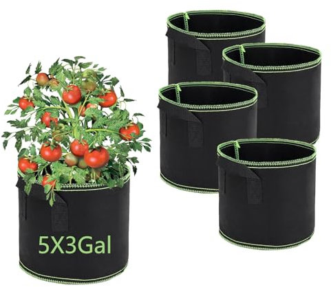 FELINAT Confezione da 5 vasi in tessuto da 11 l, con manico, in tessuto traspirante, per giardino, balcone, terrazza, vaso per verdure, fiori e erbe aromatiche