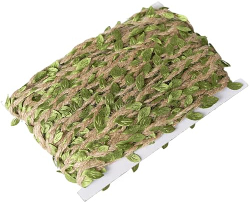 Natürliche Juteschnur mit Blättern, 20 m Juteband mit künstlichen Blättern, Jutekordel für DIY-Bastelarbeiten, Floristik, Heim, Gartenkunstwerke und Kunsthandwerk (Grün-1)