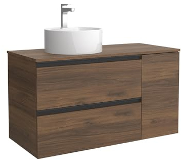 Cygnus Bath Mueble de Baño BEQUIA Plus Metal 100cm Nogal | Lavabo sobre encimera Porcelana Lado Reversible 1P