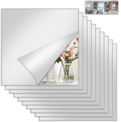 Bellanova 4 Pack or 10 Pack Mirror Tiles Self Adhesive 20 × 20 cm, Acrylic Stick-On Mirrors for Walls and Wardrobe Doors, Stick-On Mirror Tiles, No Drilling Required (10)