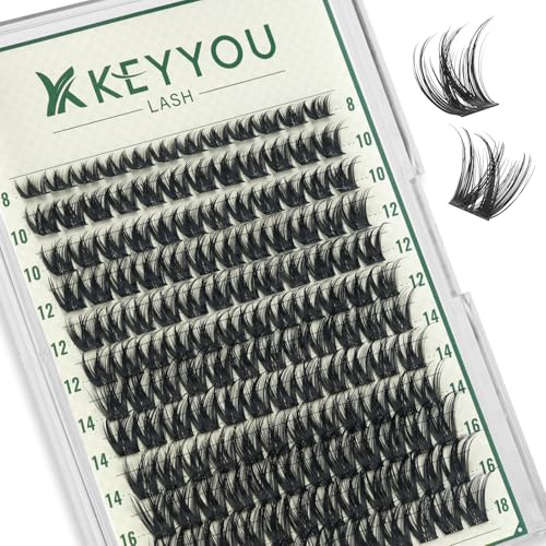KEYYOU Wimpern Extensions Dick 144Pcs D Curl Wimpern Cluster Lash Cluster Volume Cluster Lashes Natürliche DIY Wimpernverlängerung Zu Hause (KY04,D-8-16MIX)