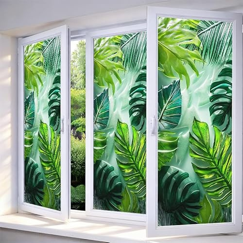 IVN Privacy Window Film Stained Glass Window Cling Tropical Leaf Design Decorative Static Cling Window Sticker for Bathroom Kitchen Entry Door 17.7 x 39.3 Inch