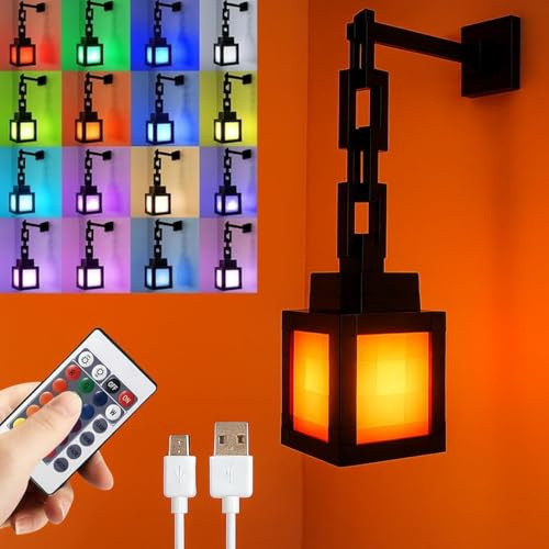 Pixelated Lantern Night Light, USB Rechargeable Night Lamp, LED Mood Light with 16 Colors, Wall or Table Mounting Lights Game Room Decor Gifts for Boys and Girls
