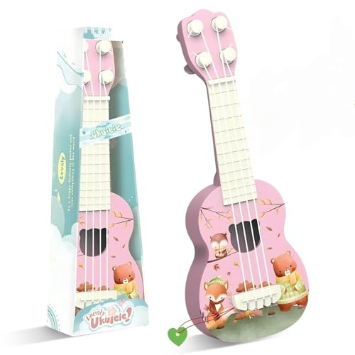 Falafoty Gitarre für Kinder 26 cm Mini Gitarre Ukulele Spielzeug mit 4 Stimmbare Saiten, Kindergitarre Musikinstrumente Musik Lernspielzeug für Jungen Mädchen, Ukulele Musikspielzeug Geschenk (Rosa)