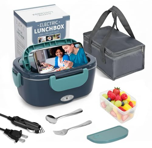 Carehabi Fiambrera Eléctrica 60W, lancheira Electrica 1,5L en Coche Camión y Oficina 12V 24V 220V, Calentador de Comida Portátil con Bolsa Térmica y Cubiertos, Acero Inoxidable