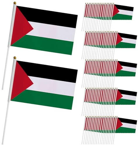 100 banderas pequeñas de Palestina de 5, 5 x 8, 3 pulgadas, mini banderas de país con asta de bandera de plástico de doble cara de mano en palos, bandera de escritorio