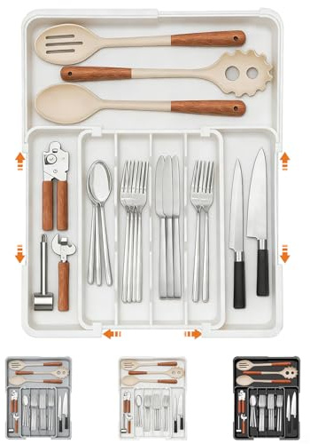 VGE Großer Besteckkasten für Schubladen- Erweiterbarer Schubladen Organizer Küche(Besteckeinsatz), Verstellbar von 32-48 x23.5-38.5cm, Organizer mit Antirutsch, für Besteck, Küchenutensilien& mehr