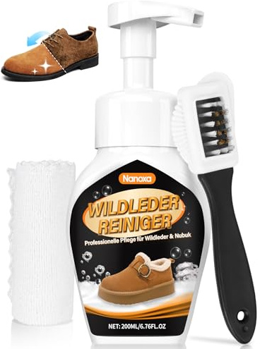 Nanoxa Wildleder Reiniger, 200ml Wildleder und Nubukreiniger ohne Ausspülen, Schuhreiniger mit Bürste & Tuch, Entfernt Schmutz & Flecken für Sneaker, Boots, Lederschuhe und mehr