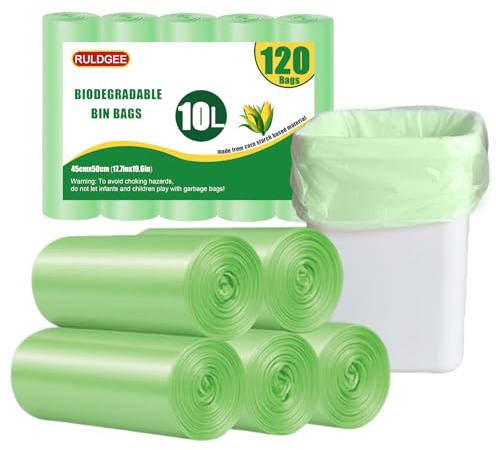 RULDGEE Biodegradable Bin Bags 10L Bin Liner Food Waste Bags 120 Counts Trash Bag Small Compostable Caddy Liners,Green Kitchen Rubbish Bags