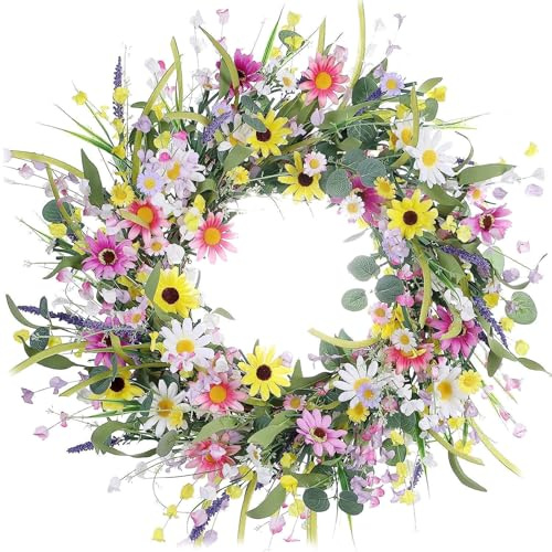Wildflower Wreath for Front Door, 55cm Artificial Lavender Daisy Spring Door Wreaths, Decorative Wildflowers Summer Wreaths for Wall Window Doors Decorations