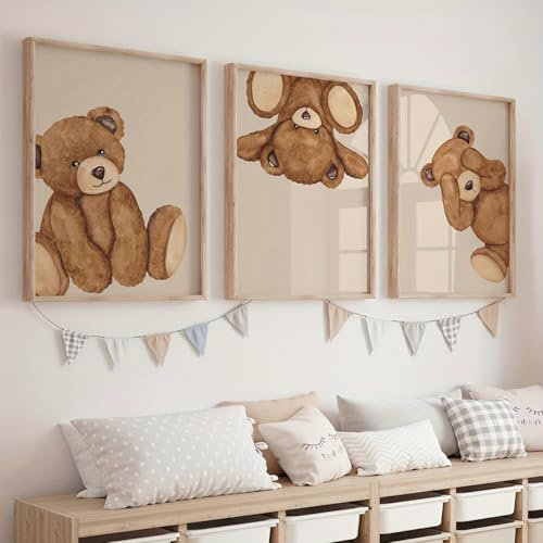 Générique 3 Poster Bär Kinderzimmer Jungen 30 x 40 cm Dekoration Bär Babyzimmer Beige Terracotta Bild Teddy Kinder Boho Wandposter Deko Kinder Jungen Poster Leinwand ohne Rahmen