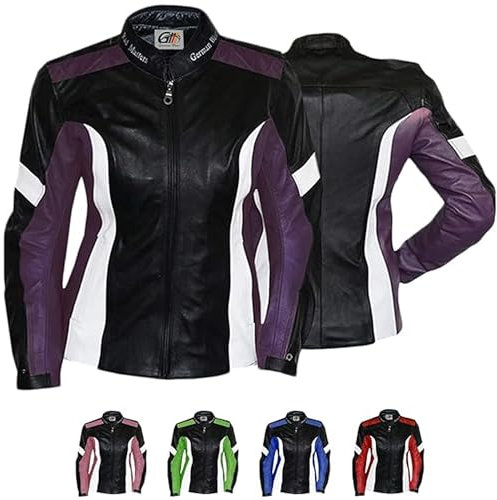 German Wear Damen Lederjacke Motorradjacke 44 Schwarz/Lila/Weiß