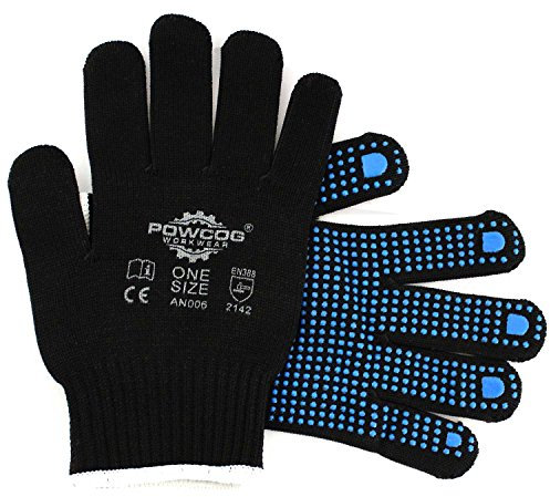 POWCOG Grip Gloves, Seamless Lightweight Black Washable 10-Gauge Nylon with Blue PVC Gripper Dots for Gardening, Work, Warehouse, Shelf Filling, One Size Fits All