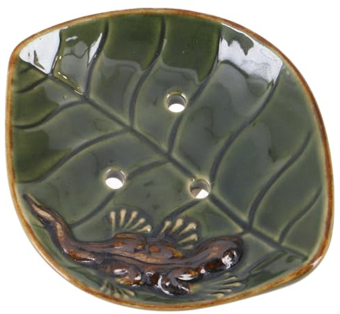 Exotische Keramik Seifenschale, handgefertigt, Lotusblatt mit Gecko | Einzigartige Badezimmer-Dekoration, aus Indonesien, Unikat, stilvolles Design, ideal für jedes Bad