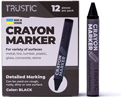 Trustic Universal Crayon Wax Marker for Industrial and Craft Detailed Marking on Lumber Metal Carton Ceramics Concrete Glass Plastic Tire 4 x 1/2, Pack of 12 (Black)