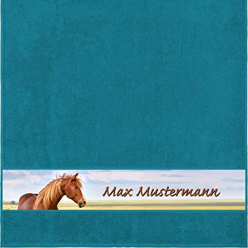 Manutextur Duschtuch mit Namen - personalisiert - Motiv Tiere - Pferd - viele Farben & Motive - Dusch-Handtuch - Petrol - Größe 70x140 cm - persönliches Geschenk mit Wunsch-Motiv und Wunsch-Name