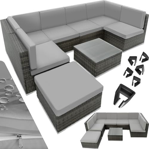 tectake XXL Polyrattan Lounge, Gartenmöbel Set, Sitzgruppe, Balkon Möbel mit 6 Sitze 1 Tisch 1 Hocker, inkl. Sitzkissen, Gartenlounge Outdoor, wetterfest, für Garten, Balkon, Terrasse - grau