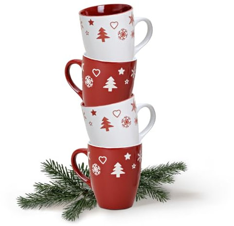 Tassen 4er Set Xmas in rot und weiß – Klassische Keramik Kaffeebecher als Weihnachtstassen in 10 cm – Süße Klassische Kaffeetassen für Weihnachten spülmaschinenfest und mikrowellengeeignet