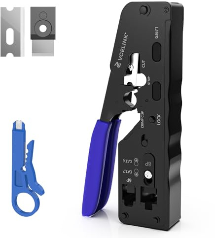 VCELINK RJ45 Crimp Tool, All-In-One Ethernet Pass Through Crimper for CAT7 CAT6A CAT6 CAT5e CAT5 Ethernet Connectors by Screw Adjustment, RJ45 and RJ11/RJ12 Crimping Tool with Mini Stripper