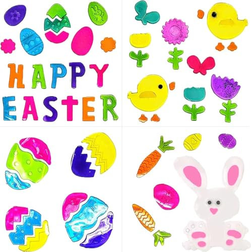 Easter Gel Window Stickers – 4 Sheets of Reusable Decorations | Easter Bunny, Chick, Eggs & Flowers | Easy to Apply & Remove | Festive Home Decor