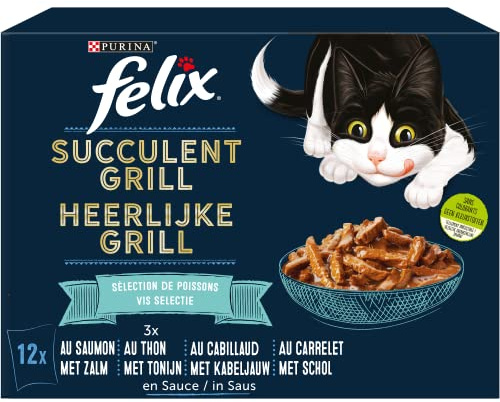 FELIX | SUCCULENT GRILL | Chat Adulte | Effilés en Sauce Tellement Irrésistible | Sélection de Poissons : au Saumon, Thon, Cabillaud, Carrelet | Sachet Fraïcheur | Lot de 6 x (12 x80 g)