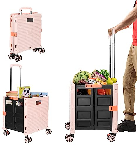 Shoppingvagn, hopfällbar kundvagn, vagn med lock, vikbar, rosa, upp till 50 kg, teleskophandtag av aluminium och plast