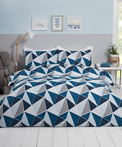 Rapport Home Geometric Duvet Cover Set, Reversible - Single Navy, 135x200cm | Includes pillowcase. Navy triangle print polycotton bedding. Ideal for boys and teens bedrooms.