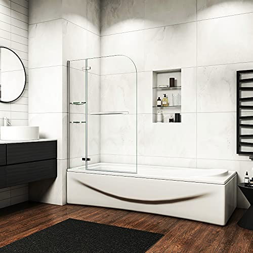 Acezanble Badewannenaufsatz Duschabtrennung 120cm Duschwand 6mm Nano Dusche 2-tlg für Badewanne H140cm mit Handtuchhalter,Eckregalen