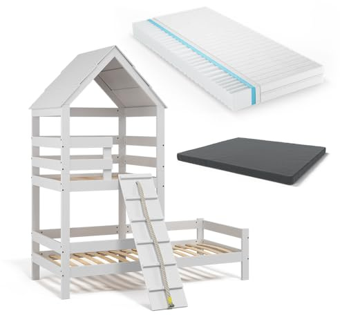 VitaliSpa Hausbett 90x200 cm Teddy mit 2 Matratzen - Weiß 208x235x108 cm aus Holz - Bett perfekt für Kinder, mit einem spielerischen zweiten Stockwerk