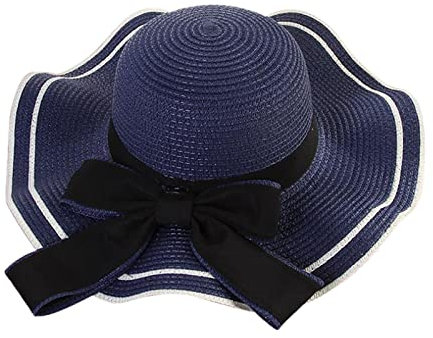 Strohhut Damen Sonnenhut Sommerhut mit Schleife Schlapphut Wellig Hut Faltbar Verstellbar Strandhut Groß Krempe Atmungsaktiv Damenhut Strand Outdoor Sonnenhut, Schlapphut, (Marine, OneSize)