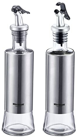 Westmark Essig- und Ölspender, 2tlg., Einhandbedienung, Fassungsvermögen: je 300 ml, Kunststoff/Glas/Rostfreier Edelstahl, Lissabon, Transparent/Silber/Schwarz, 63392260