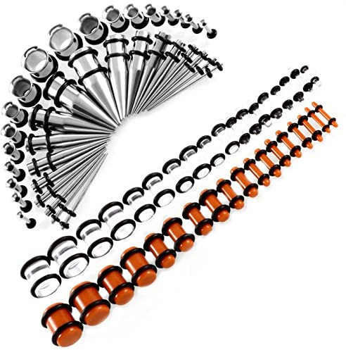 Dehnstäbe Chirurgenstahl, Tunnel Piercing mit 72PCS Schokolade Hohlkegel und Uv-Segment-O-Ring Body Piercing Schmuck Geschenk Set