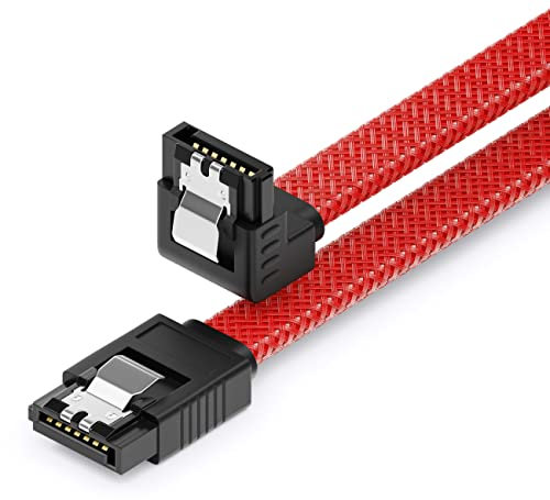 deleyCON 30 cm Cavo SATA 3 in Nylon 6 Gbit/s per Dati SATA III Cavo di Collegamento Serial ATA per Scheda Madre e Hard Drive HDD SSD con 1 Presa S-ATA a L a 90° in Rosso