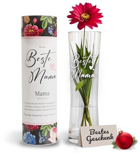 Hechttag Blumen Vase Glas mit Gravur Beste Mama - Geschenke für Mama Weihnachten Geschenk zum Geburtstag,Geschenkideen Mutter - passend für Tulpen, Blumenstrauß - 500 ML Qualität Made in Europe