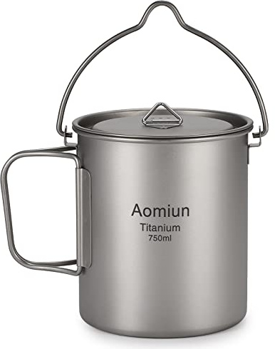HUIOP titanium pot, Ultralight 750ml Titanium Pot Portable Titanium Water Mug Cup with Lid and Foldable Handle Outdoor Camping Cooking Picnic